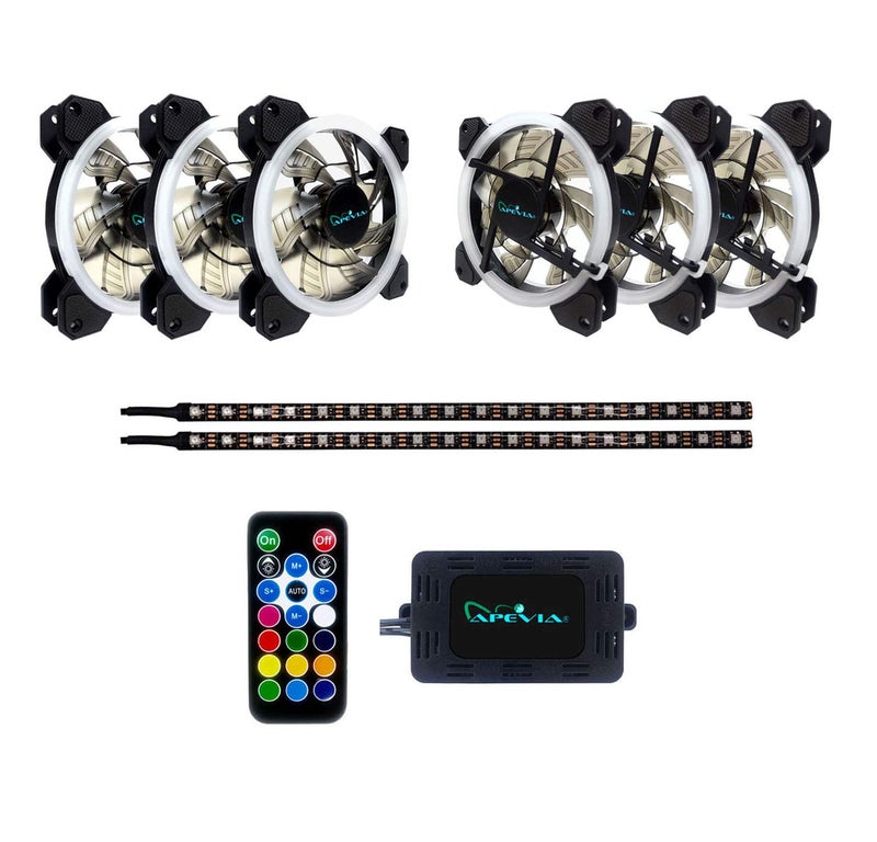 Apevia ST6P2-RGB Spectra 120mm Silent Dual Ring RGB Color Changing LED Fan with Remote Control, 16x LEDs & 8X Anti-Vibration Rubber Pads w/ 2 Magnetic LED Strips (6+2-pk) - Image 2